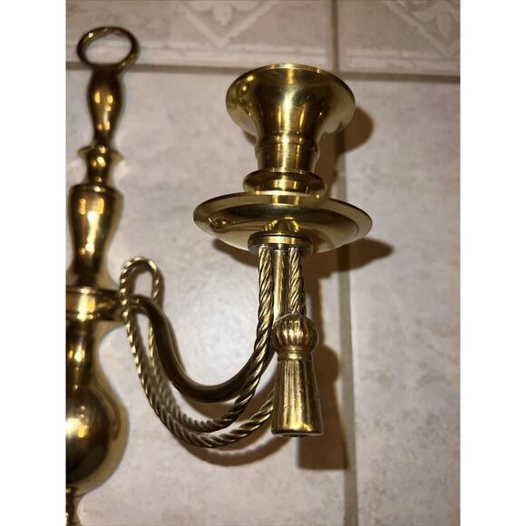 VINTAGE PAIR OF SOLID BRASS GEORGIAN STYLE SCONCES 13in. Made In India - Picture 7 of 16
